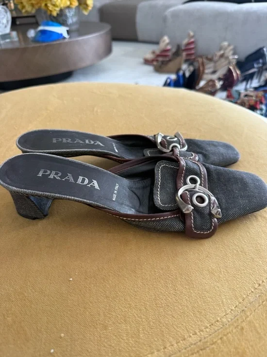 Vintage Prada Denim and Brown Leather Buckle Mules - Picture 2 of 7